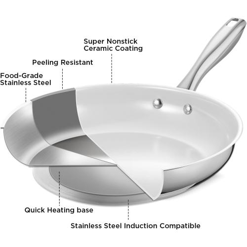 KOCH SYSTEME CS Stainless Steel Pan with Lid, Premium 12 Stainless Steel Skillets with Nonstick White Ceramic Coating, Nonstick Frying Pan with Lid, Induction Compatible, 12 Inch