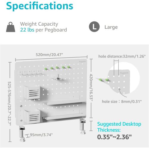 PEGZONE Clamp-on Desk Pegboard, Desk Organizer for Office Gaming Home, Magnetic Metal Peg Board with 15 Accessories, Privacy Panel for Office, 20.4 x 16.5, Large, White
