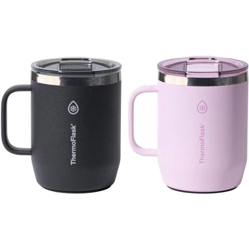 ThermoFlask Insulated Coffee Mug with Handle, Stainless Steel, Double-Wall Vacuum Insulated, 12 oz, 2-Pack (Black & Baby Pink)