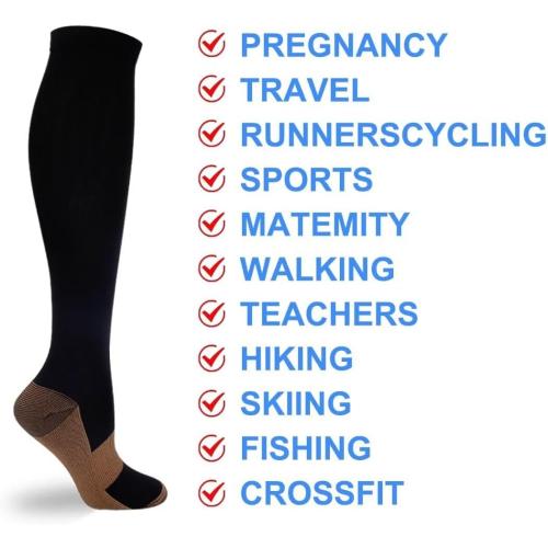 Double Couple 7 Pairs Copper Compression Socks for Men Women 20-30 mmHg Knee High Stockings