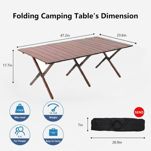 Size 48Inch  Color Brown Folding Camping Table, Lightweight Roll-Up Table Aluminum Low Portable Picnic Table with Carrying Bag for Outdoor, Beach, Picnic, Backyards, BBQ and Party (Walnut, 120CM)
