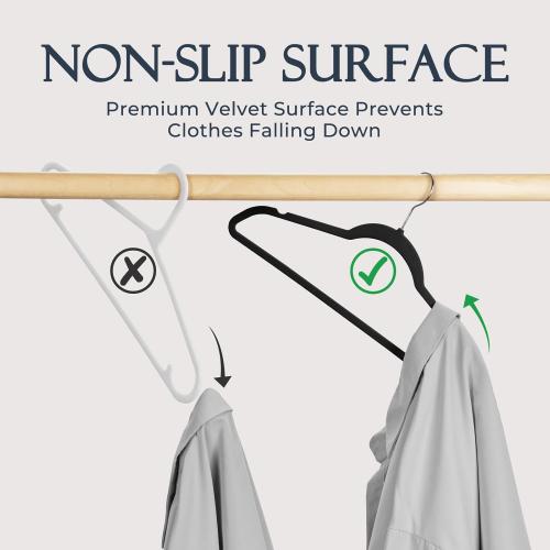 HOUSE DAY Black Velvet Hangers 60 Pack, Non Slip Clothes Felt Hanger Heavy Duty for Coat, Premium Slim Space Saving Suit Hangers for Closet Organizer, 360° Rotating Silver Hook