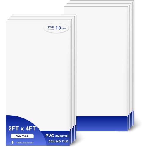 Smooth Drop Ceiling Tiles 2ft x 4ft - Waterproof, Fire-Rated, Easy Drop-in Installation - Premium PVC to Prevent Breakage - Ceiling Tiles 24 x 48, 10-Pack Cover 80 Sq. Ft, White