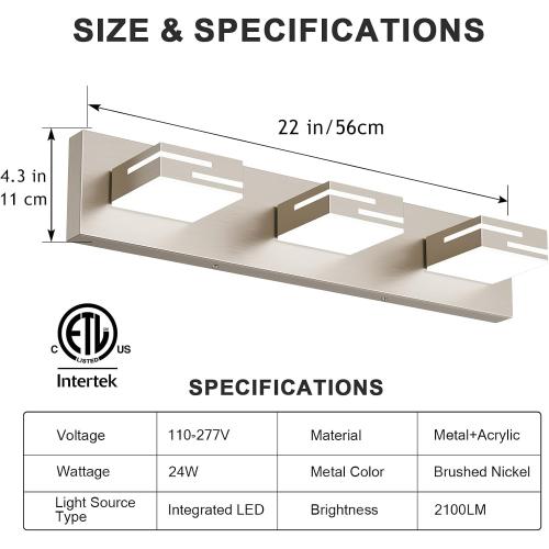 LED Modern Bathroom Vanity Light Fixtures, Dimmable Brushed Nickel Vanity Lights for Bathroom Lighting Fixtures Over Mirror, with 360° Rotatable Acrylic Heads 3-Light 22-inch (Cool White 6000K)