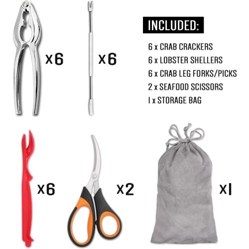 Hiware 20-piece Seafood Tools Set includes 6 Crab Crackers, 6 Lobster Shellers, 6 Crab Leg Forks/Picks and 2 Seafood Scissors & Storage Bag - Nut Cracker Set