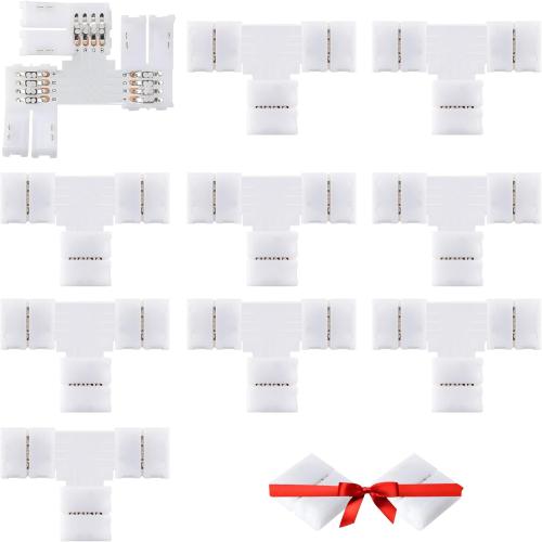 JACKYLED T Shape 4-Pin 8mm LED Connectors Total 42Pcs, Unwired Solderless Gapless Adapter Corner Connectors Terminal Extension 12V 72W with 32pcs Clips for 5050 3528 SMD RGB LED Strip Lights -8mm 4pin