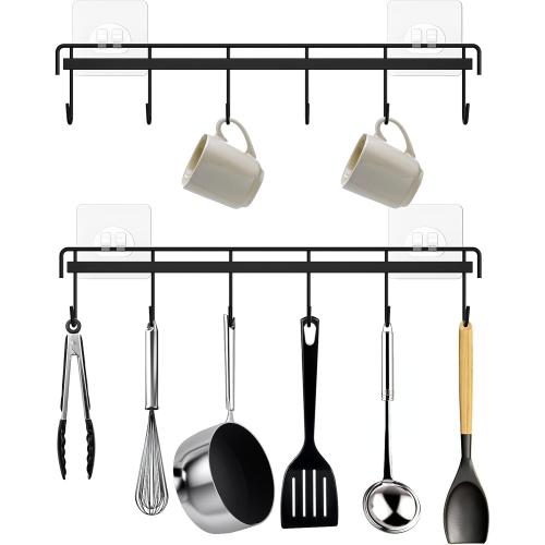 Kitchen Utensil Hanger, Adhesive Utensil Holder Wall Mount Kitchen Rack Rail with 12 Hooks, Space Saving and No Drilling, Black, 2 Pcs
