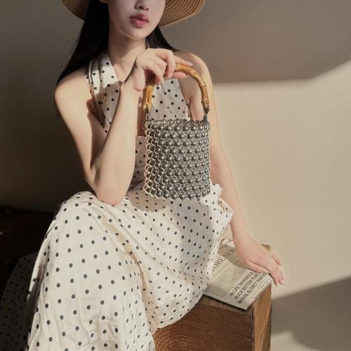 Women's Pearl Beaded Bag Natural Bamboo Handle Purse Handbag for Summer Vacation and Formal Evening Prom