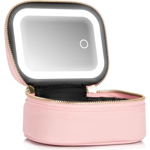 Mini Makeup Bag with Led Mirror, Small Travel Make up Bag 3 Light Modes Adjustable Brightness, for Women Organizer Cosmetic Bag, Portable Travel Train Toiletry Bag, for Pool Parties Work Touch-Ups