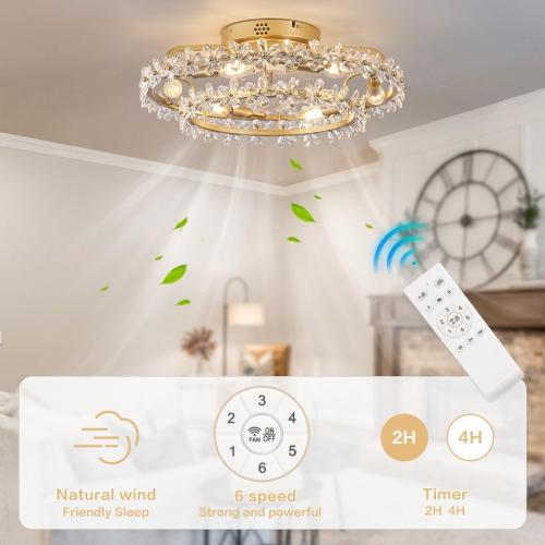 20 Boho Chandelier Ceiling Fan with Light Modern Flower Fandelier | for Girl's room Bedroom Living Room,Bladeless Caged Ceiling Fans with Lights and Remote,Frence Shabby Chic,Crystal Flowers