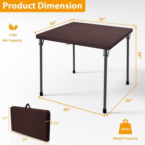 34 Folding Table, Portable Square Folding Card Table with Collapsible Legs Plastic Tables for Camping,Picnic, Office, Party, Brown