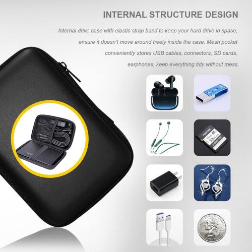 Hard Drive Carrying Case Storage Organizer Bag Multi-Purpose Universal Carry Pouch Compatible with Western Digital WD Elements Seagate, 2.5’’ EVA Shockproof Travel Case (Black)