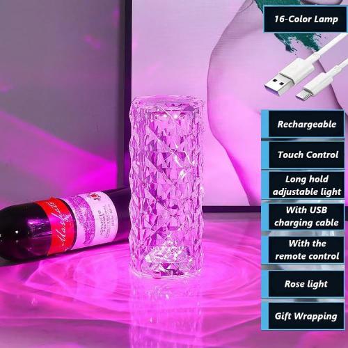 Portable Crystal Table Lamp, 16-Color Touch Control Rechargeable Night Light, Bedside Desk Lamp for Bedroom, Living Room, Kitchen & Dining Room (16-Color Rose)