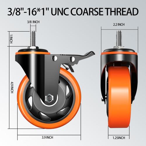 4 inch Stem Caster Wheels 2000lbs, Threaded Stem Casters Set of 4 Heavy Duty,3/8-16 x 1(Stem Diameter 3/8, Length 1), Safety Dual Locking Caster, Industrial Castor Wheels for Cart,Furniture