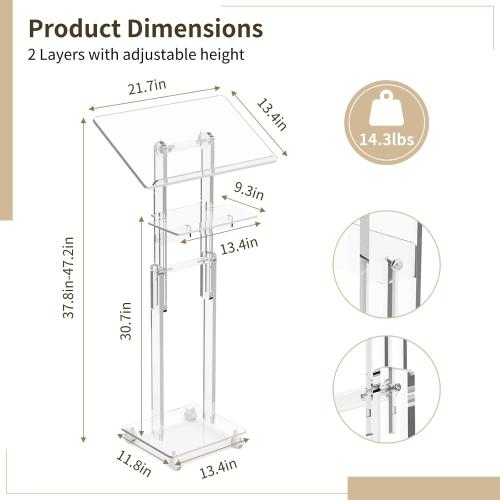 Acrylic Podium Stand Portable, Rolling Podium with Wheels, Clear Podium with Storage Shelf, Lockable Wheels, Adjustable Height pulpits for Churches, Classroom, Weddings, Speech