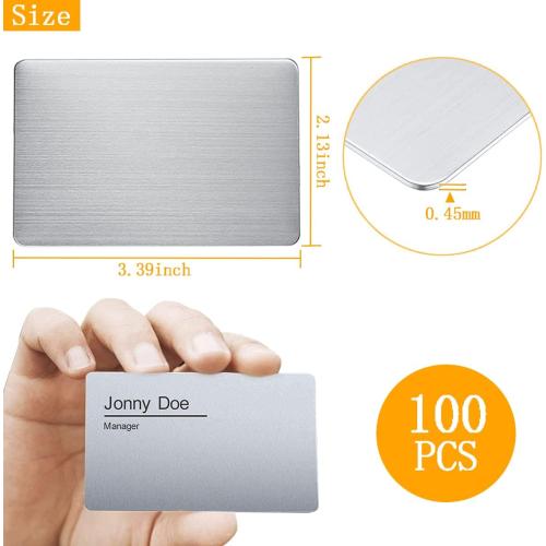 100PCS Silver Metal Business Card 0.45mm Thickness Aluminum Metal Blanks Cards for Laser Engraving Home Office Customer DIY Gift Plate Invitations, 3.4 x 2.1 Inch