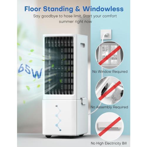 Windowless Air Conditioner w/4 Modes& 3 Speeds, Waterless Alert, 2.4-Gal Tank for 20H Cooling, 12H Timer, 2 Ice Pack,Remote, 70° Auto Swing Evaporative Air Cooler, Portable AC Unit for Bedroom