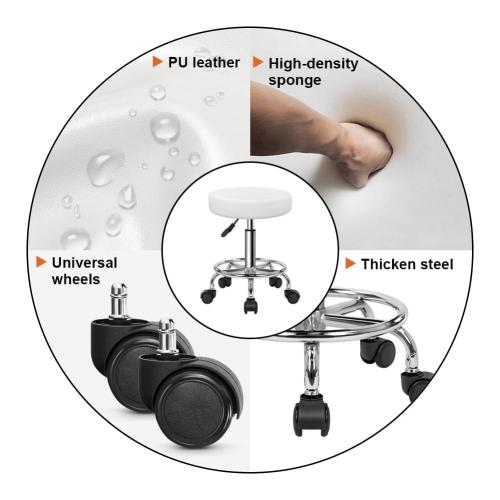 KKTONER PU Leather Round Rolling Stool with Foot Rest Swivel Height Adjustment Spa Drafting Salon Tattoo Work Office Massage Stools Task Chair White Small (White)