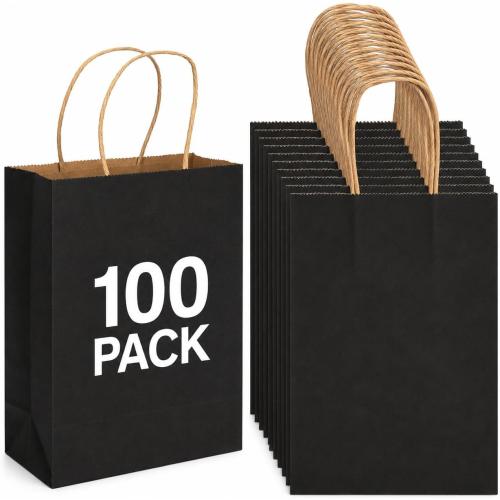 COLOR PINK ❗ ❗ HavrePac 100 Pack 5.9x3.15x8.26 inch Small Gift Bags, Kraft Black Bags with Handles Bulk for Birthday Party Favors,Gift Paper Bags,Retail Shopping Business Goody Craft Gift Bags