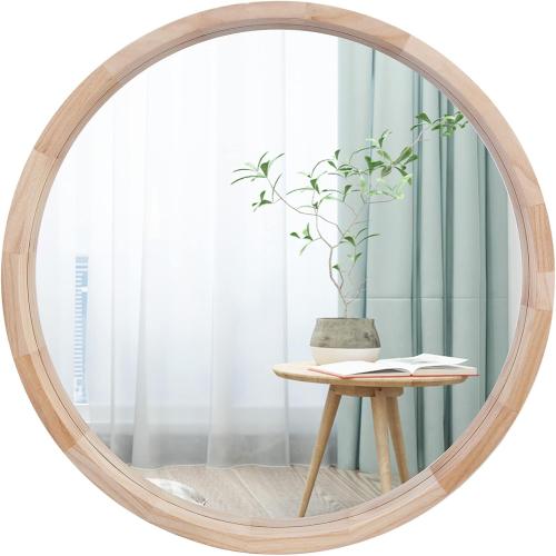 CONGUILIAO 24Inches Round Mirror Wood Wall Mirrors Decorative Circle Mirror, Nature Big Bathroom Large Vanity Mirrors for Living Room Bedroom Entryway Farmhouse