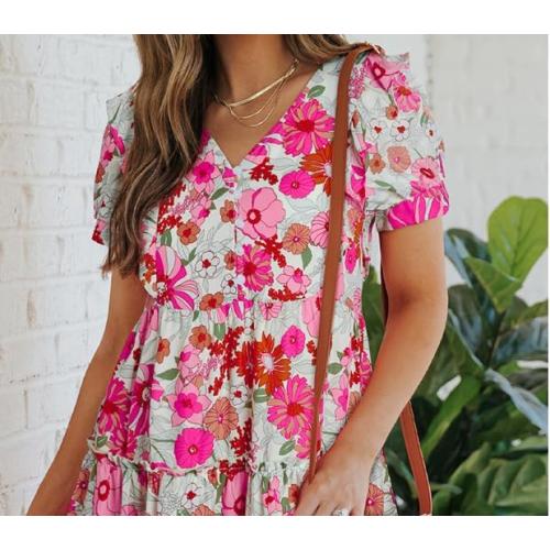 Size L Fashionable Versatile Dress for Women's V-Neck Pullover Floral Short Skirt Women