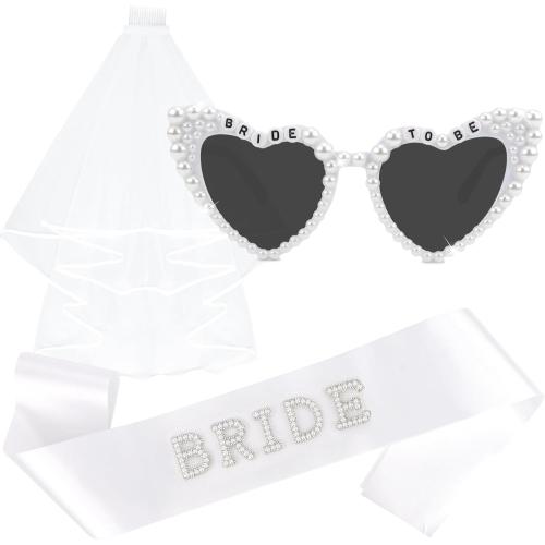 KICOSY Bride to Be Set: Pearl-Trimmed Heart Sunglasses, Pearl BRIDE Sash & Tulle Veil - Bachelorette Party Bridal Accessories