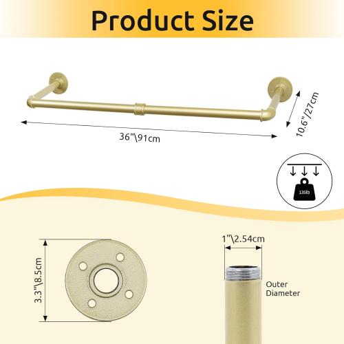 Oroonoko 36 inch Gold Industrial Pipe Clothes Rack,Pipe Garment Rack Hanging Rod Bar for Closet Storage,Laundry Room Up to Max Load 135lbs