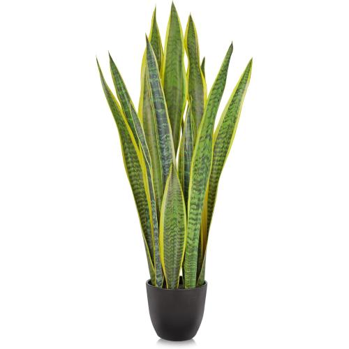 Hollyone Artificial Snake Plant Potted, 28 Inch Faux Sansevieria Trifasciata Plants Large Tall Tropical Fake Snake Plants Tree in Black Pots for Home Office Room Patio Garden Indoor Outdoor Decor