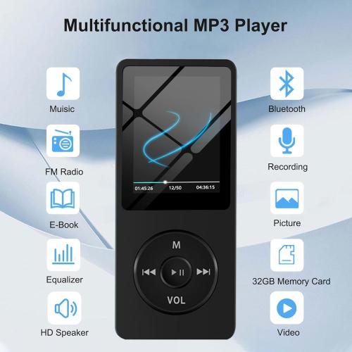 MP3 Player with Bluetooth 5.0, 1.8 inch Screen Portable Music Player with HD Speaker, HiFi Music Supports FM Radio, Voice Recorder, Supports Expanded Up to 128GB(Black, 32GB)