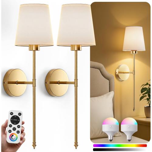 Wall Sconces Battery Operated Set of 2, Rechargeable Wall Sconce, 10 Colors Wireless Wall Sconces Set of Two, 5200mAh Dimmable Bulbs and Remote, for Bedroom Living Room, Hallway Decor (24 inch - Gold)