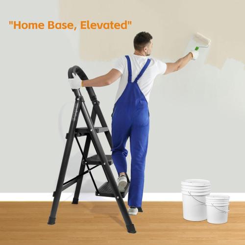 3 Step Ladder, Folding Step Stool with Wide Anti-Slip Pedal, Sturdy Step Ladder Foldable, Lightweight Portable Steel Step Stool for Kitchen, Home (Black, 3-Step)