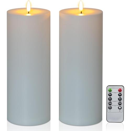 10 x 4 Waterproof Outdoor Flameless Candles Battery Operated LED Flickering Tall Pillar Candles with Remote and Timer for Indoor Outdoor Lanterns, Long Lasting, White Set of 2