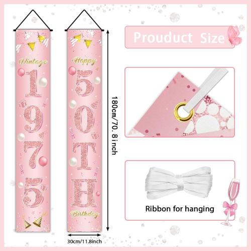 50th Birthday Party Decorations for Women, Rose Gold Vintage 1975 50th Birthday Decorations Door Banners, Fifty Years Birthday Party Supplies for Indoor Outdoor Decor