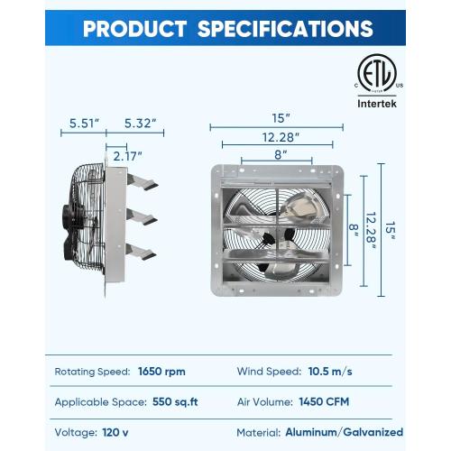 KEN BROWN 12 Inch Shutter Exhaust Fan Wall Mounted,Aluminum with 1.65 Meters Power Cord Kit,High Speed 1450CFM,Vent fan for Commercial,Greenhouse,Attic,Shed,Shop