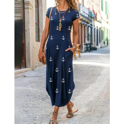 Size M AHAIJ Women Summer Casual Maxi Dress Floral Printed Loose Pockets Short Sleeve Split Boho Dresses