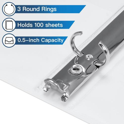 SUIN Bulk 12 Pack 0.5-inch 3 Ring Binders -Durable 1/2'' Binders with Roung Ring Binder, Large 100 Sheet Capacity, Fit 8.5 x 11 US Letter Size Paper, White (0.5'' White - 12 Packs)