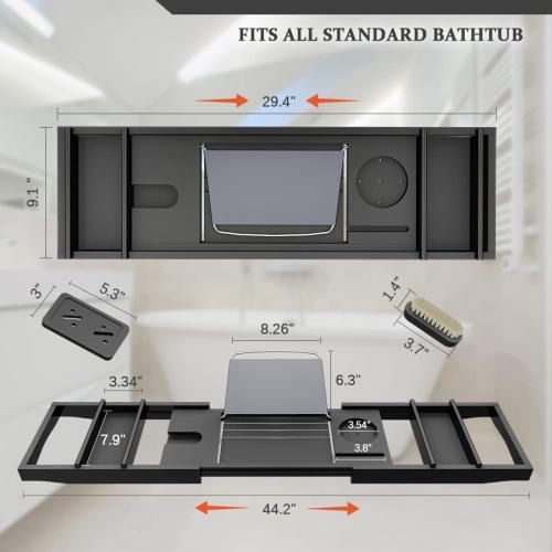 Black Bath Caddy Tray for Bathtub - Bamboo Adjustable Organizer Tray for Bathroom with Free Soap Dish Suitable for Luxury Spa or Reading(Black)