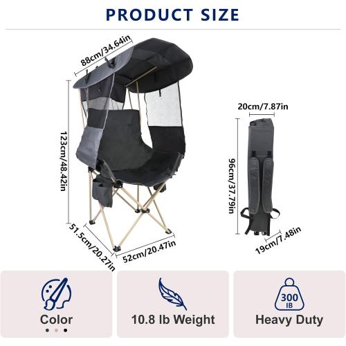 Folding Camping Chairs Canopy Outdoor: Sports Portable Beach Chair with Canopy-Lawn Beach Chairs with Umbrella for Adults-Camping Chair with Shade for Fishing Camp Heavy Duty (Regular, Grey)