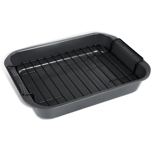 Bakeware Nonstick Roaster, Nonstick Roasting Pan with Rack, Great For Roast Chicken, Roasts And Turkeys - 15 Inch x 11 Inch (5.8 QT), Gray