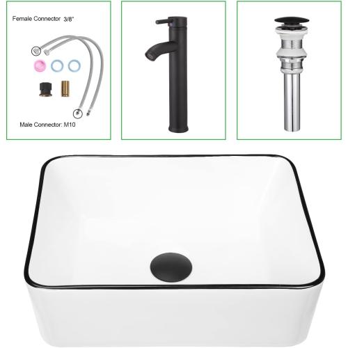 Ceramic Rectangular Bathroom Vessel Sink, 16'' x 12'' Above Counter Porcelain Small Sink with Faucet Combo, White Body with Black Trim on The Top