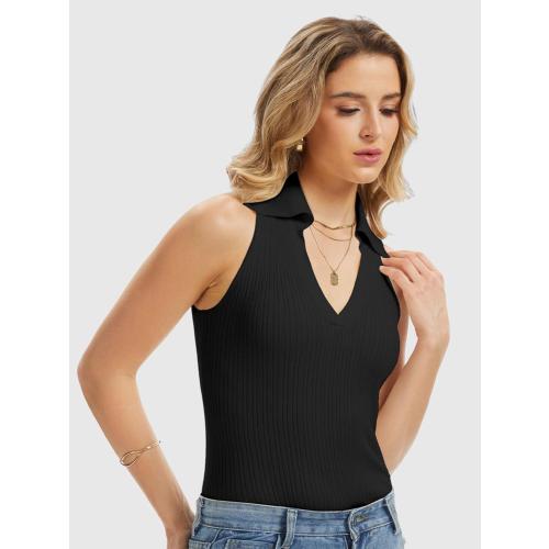 2XS.....Momtecanuo Women Ribbed Tank Top, Going Out Collared Camisole Top Business Casual Sleeveless V Neck Fitted Polo Shirt