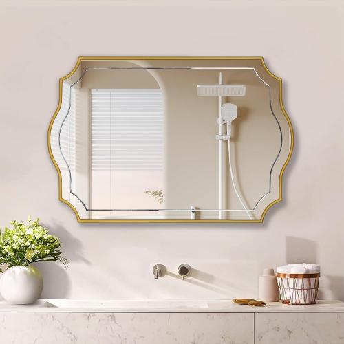 POZINO 36x24 Scalloped Wall Mirror with Gold Wood Frame | Irregular Rectangle Design, Horizontal/Vertical Hanging, Elegant Wavy Wall Mirror for Entryway Bedroom Bathroom Living Room