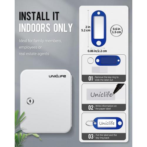 Uniclife 20 Position Key Cabinet with Key Lock Wall Mounted White Security Storage Box Steel Key Organizer with Colorful Key Tag Labels Identifiers Stickers and Hooks