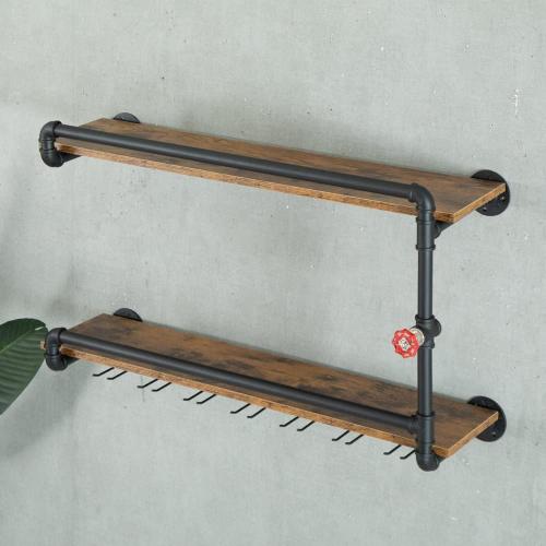 Wine Rack Wall Mounted 2 Tier, Hanging Floating Bar Liquor Shelves with Glass Holder Storage Under, Industrial Rustic Pipe Farmhouse Kitchen Decor Black(35.4x10.6x19.7)