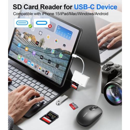 USB C SD Card Reader for iPhone 15-17, USB C to Micro SD Memory Card Adapter for iPad/Mac Pro/Air, USBC/Type C Camera Card Reader with USB A Port for iPhone 16 and More Android USBC Devices