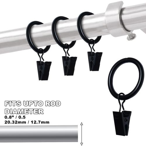40 Pack of 1.5 Black Curtain Rings with Clips 1.5 Inch Set of 40 Heavy Duty Curtain Hooks for Drapes, Caps, Pictures - fits on Rod Diameter Upto 1.25Inch/32mm… (Black, 1.5 Inch - 40 Pack)