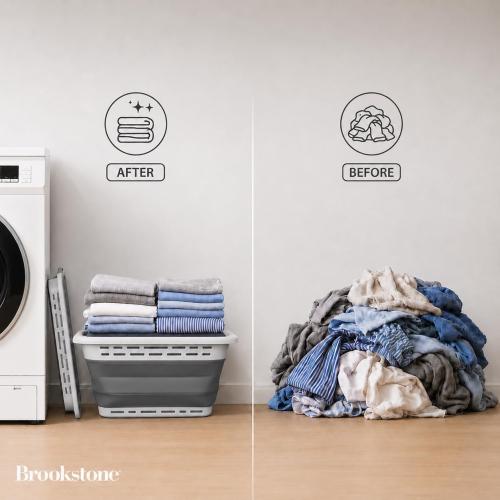 BROOKSTONE 11 GALLON XL 24 Collapsible Laundry Basket & Clothes Hamper, Comfort Non-Slip Handles, Modern Laundry Hamper with Space Saving Design, Portable Pop-Up Hamper, BPA FREE, Light Grey, 1 Pack