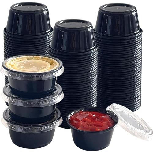 2oz Black Condiment Cups with Lids, (50 Pack) Jello Shot Cups, Dipping Sauce Cups, Portion Containers with Lids Ideal for Sauces