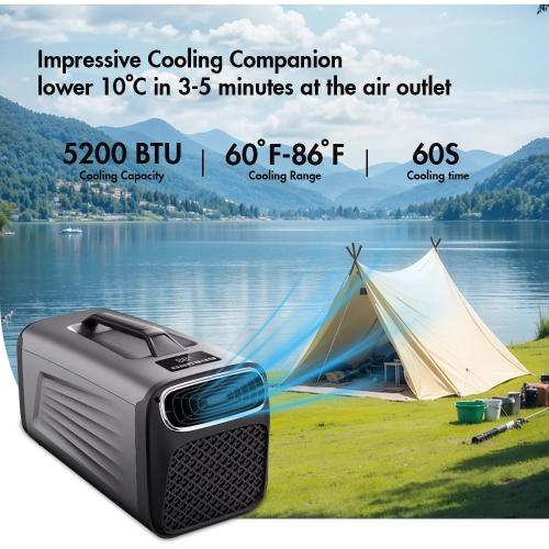 Portable Tent Air Conditioner for Camping, 5200BTU Fast Cooling Quiet Small Light Air conditoning 400W Low Power for RV, Truck, Van Black Grey