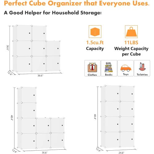 C&AHOME Cube Storage Organizer with Doors, 8-Cube Shelf, Closet Cabinet, DIY Plastic Modular Bookshelf, Storage Shelves Ideal for Bedroom,Living Room,24.8 L × 12.4 W × 48.4 H Milky UGSHS3008M